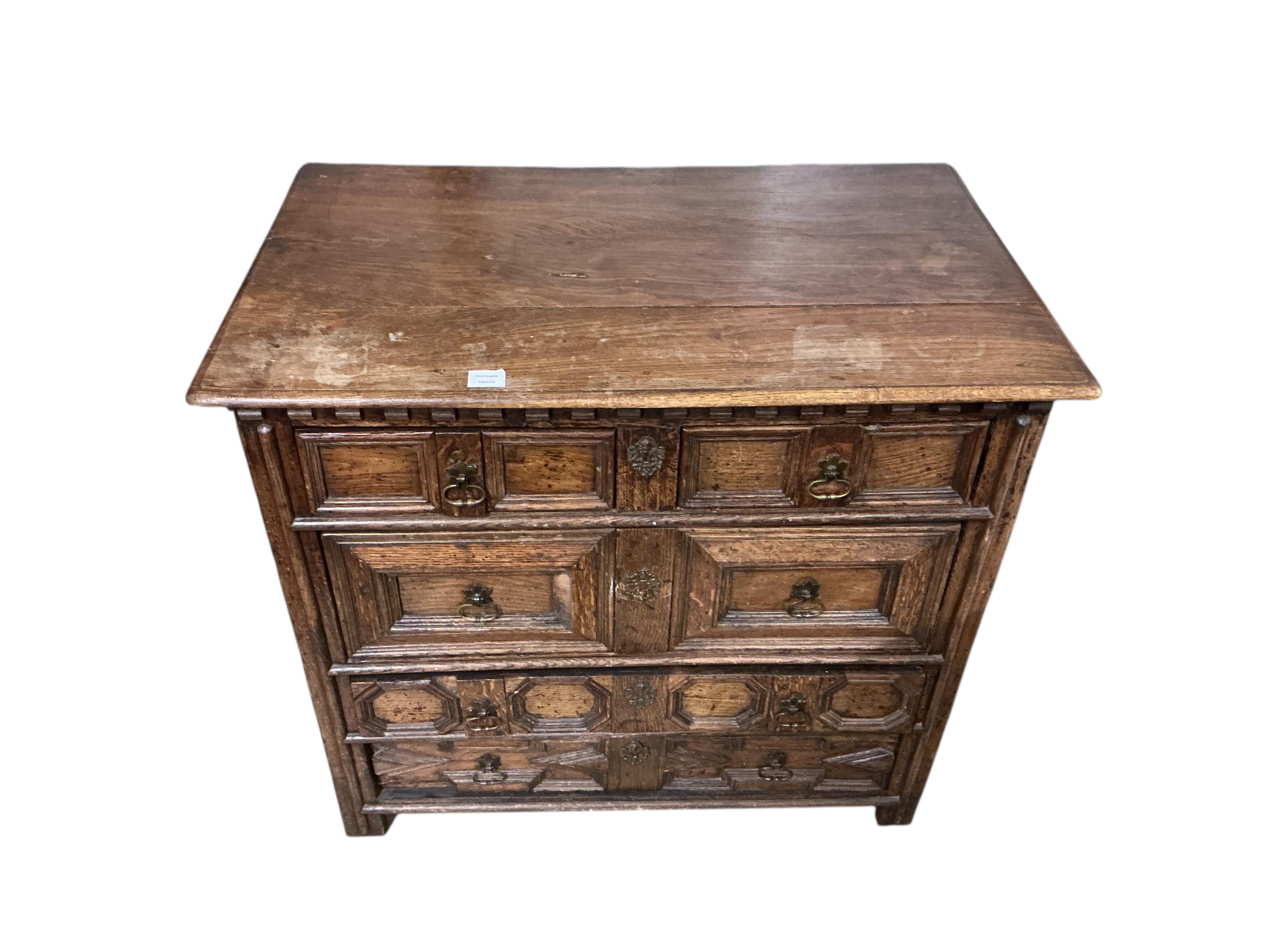 A William and Mary and later oak chest of drawers with geometric front, width 99cm, depth 60cm, height 90cm